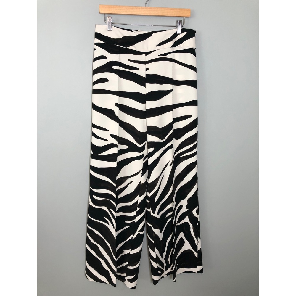 Zara Wide Leg Pants Womens Large White Black Zebra Print High Rise Side Zip